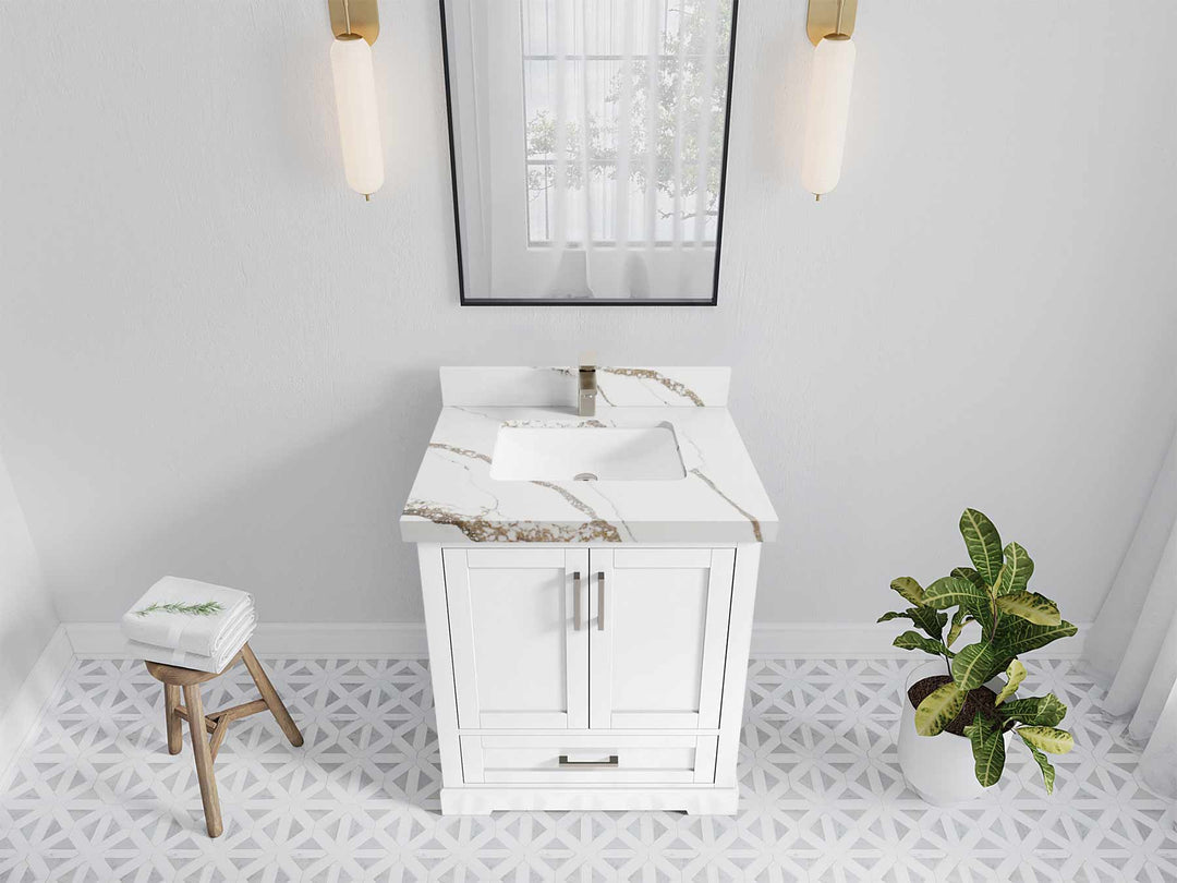 Boston 30 in. W x 22 in. D Single Sink Bathroom Vanity in White with 2 in Calacatta Gold Quartz Countertop - Top View