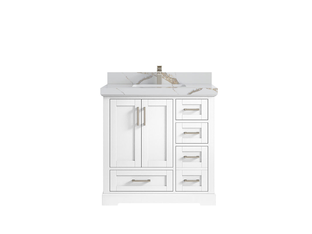 Boston 36 in. W x 22 in. D Single Sink Bathroom Vanity in White with 2 in Calacatta Gold Quartz Countertop