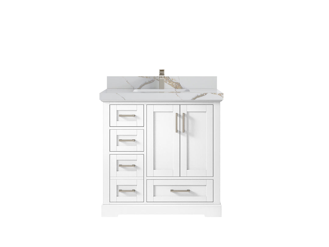 Boston 36 in. W x 22 in. D Single Sink Bathroom Vanity in White with 2 in Calacatta Gold Quartz Countertop