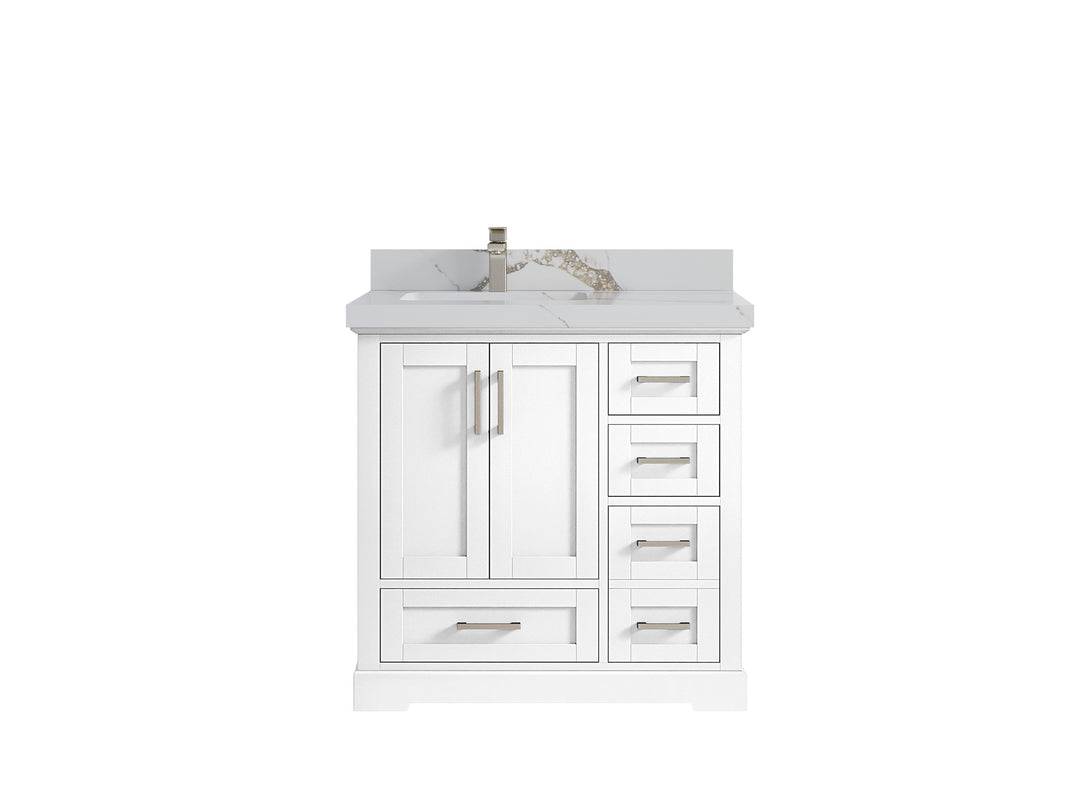Boston 36 in. W x 22 in. D Single Sink Bathroom Vanity in White with 2 in Calacatta Gold Quartz Countertop