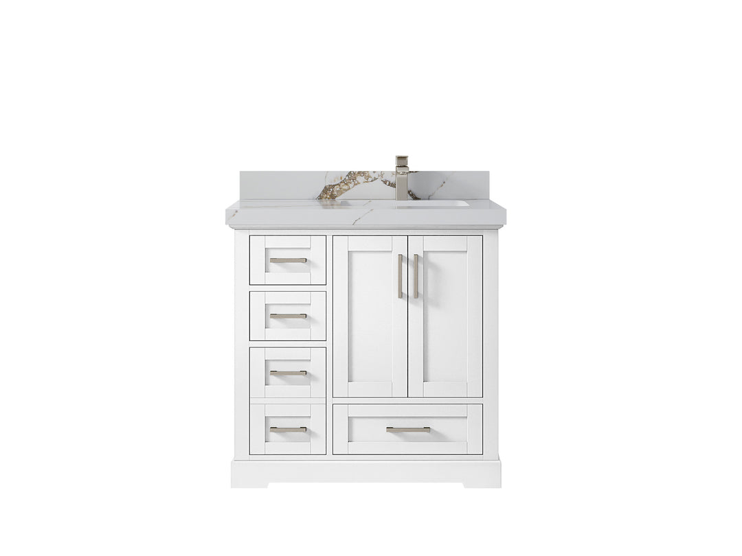 Boston 36 in. W x 22 in. D Single Sink Bathroom Vanity in White with 2 in Calacatta Gold Quartz Countertop