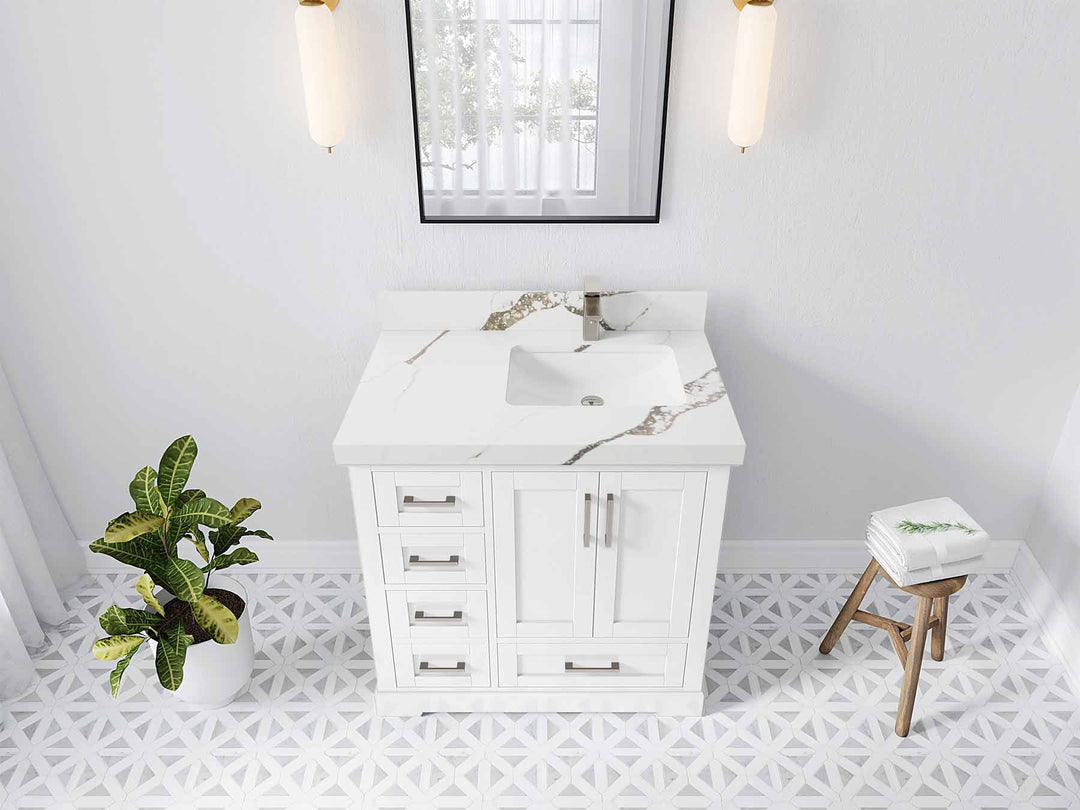 Boston 36 in. W x 22 in. D Single Sink Bathroom Vanity in White with 2 in Calacatta Gold Quartz Countertop - Top View