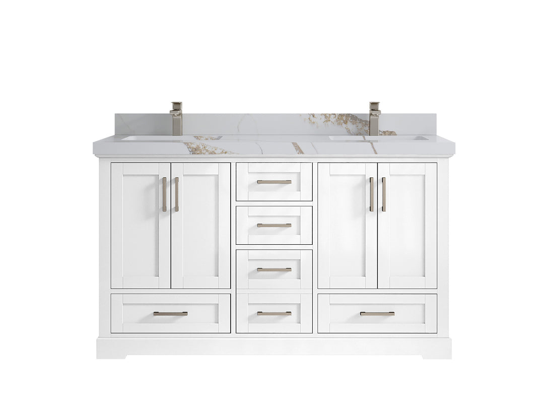 Boston 60 in. W x 22 in. D Double Sink Bathroom Vanity in White with 2 in Calacatta Gold Quartz Countertop