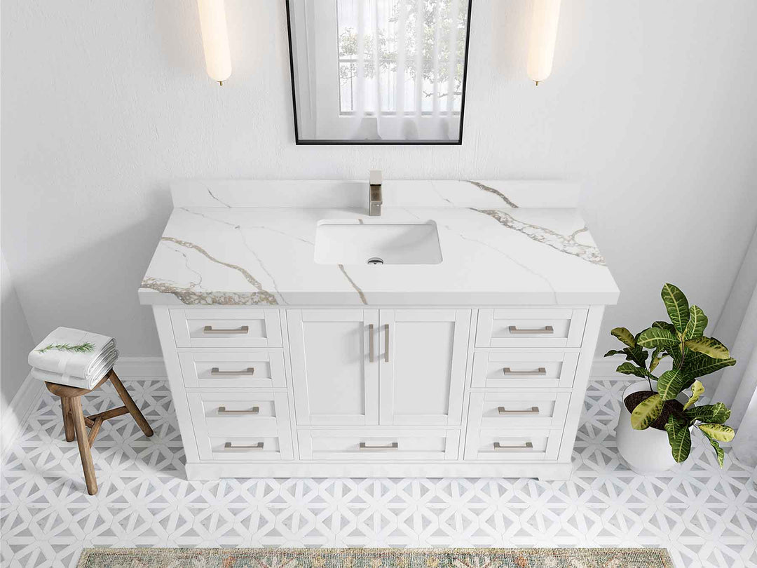 Boston 60 in. W x 22 in. D Single Sink Bathroom Vanity in White with 2 in Calacatta Gold Quartz Countertop - Top View