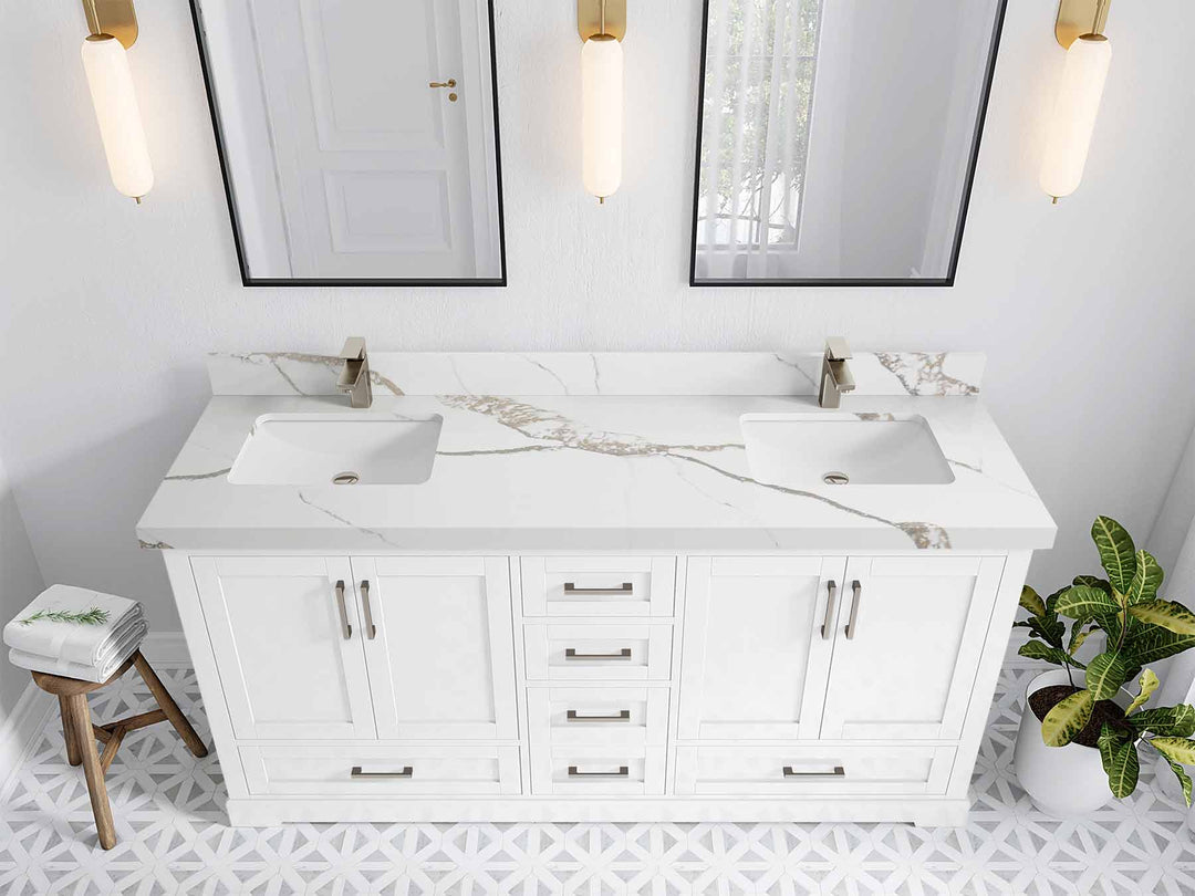Boston 72 in. W x 22 in. D Double Sink Bathroom Vanity in White with 2 in Calacatta Gold Quartz Countertop - Top View