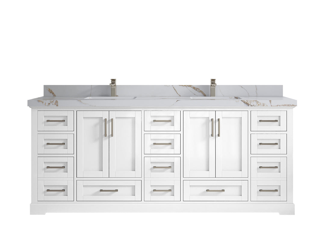 Boston 84 in. W x 22 in. D Double Sink Bathroom Vanity in White with 2 in Calacatta Gold Quartz Countertop