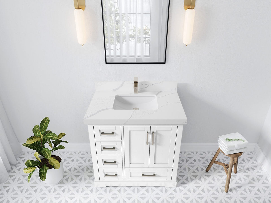 Boston 36 in. W x 22 in. D Single Sink Bathroom Vanity in White with 2 in Calacatta Laza Quartz Countertop - Top View