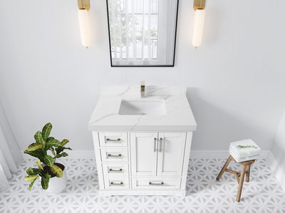 Boston 36 in. W x 22 in. D Single Sink Bathroom Vanity in White with 2 in Calacatta Laza Quartz Countertop - Top View