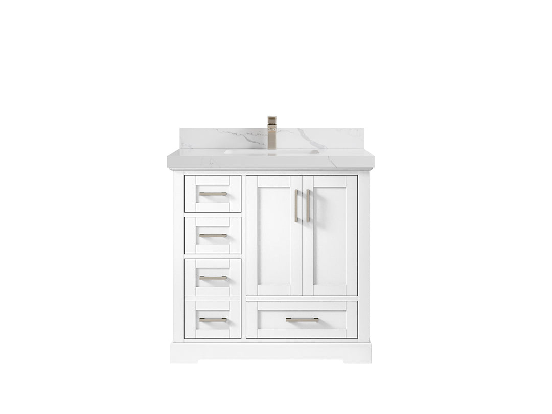 Boston 36 in. W x 22 in. D Single Sink Bathroom Vanity in White with 2 in Calacatta Laza Quartz Countertop