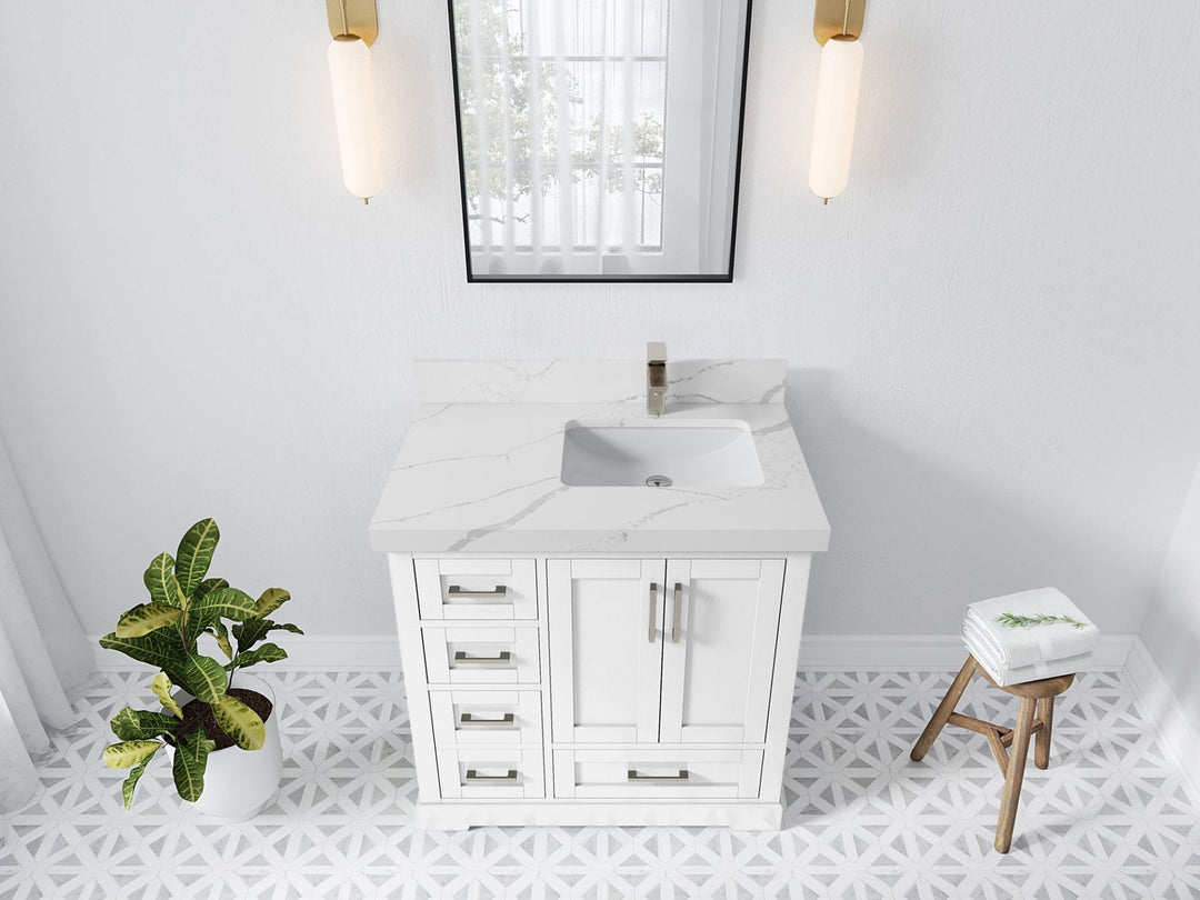 Boston 36 in. W x 22 in. D Single Sink Bathroom Vanity in White with 2 in Calacatta Laza Quartz Countertop - Top View