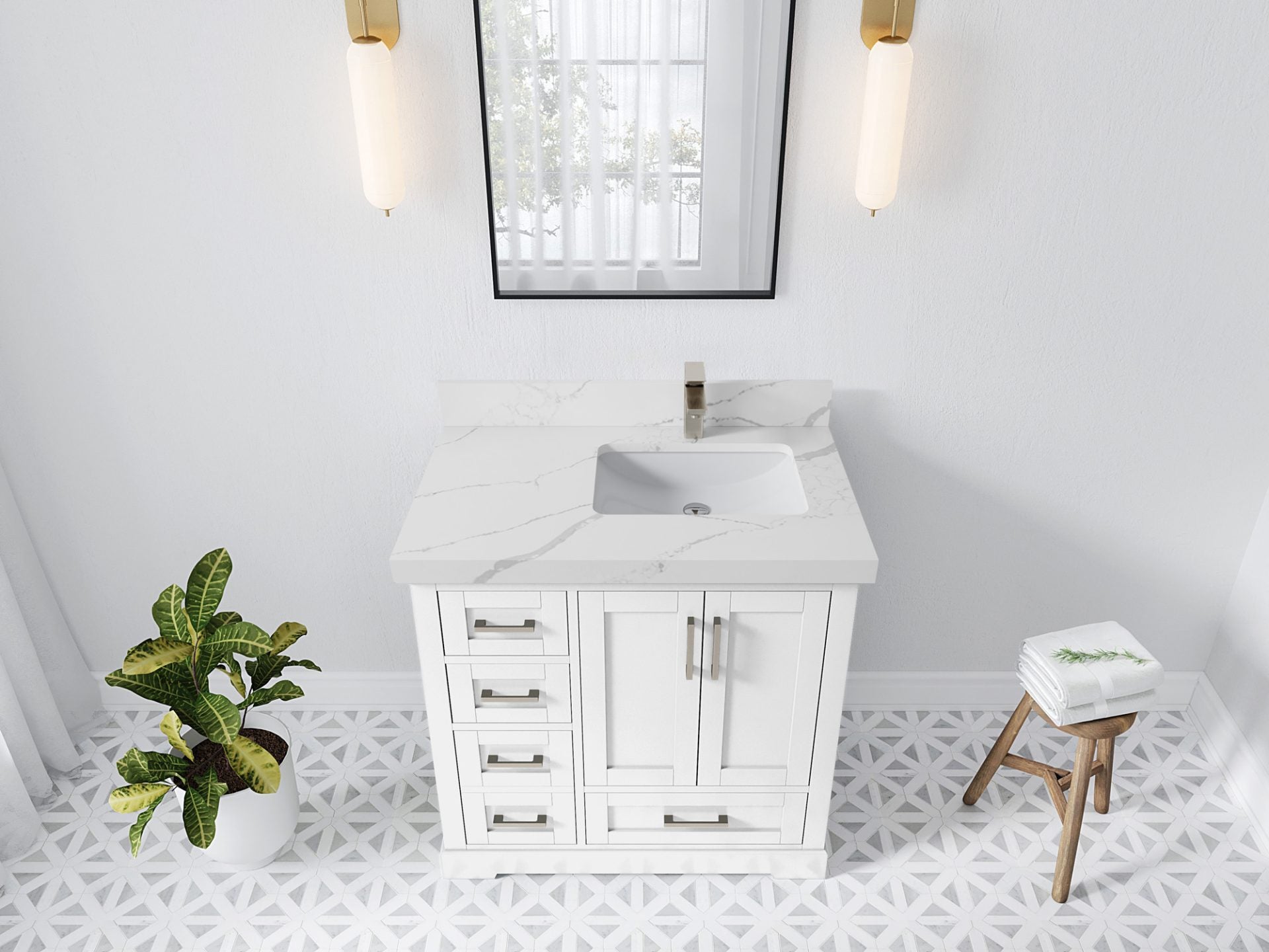 Boston 36 in. W x 22 in. D Single Sink Bathroom Vanity in White with 2 in Calacatta Laza Quartz Countertop - Top View