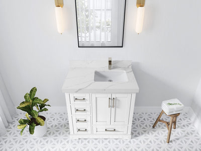 Boston 36 in. W x 22 in. D Single Sink Bathroom Vanity in White with 2 in Calacatta Laza Quartz Countertop - Top View