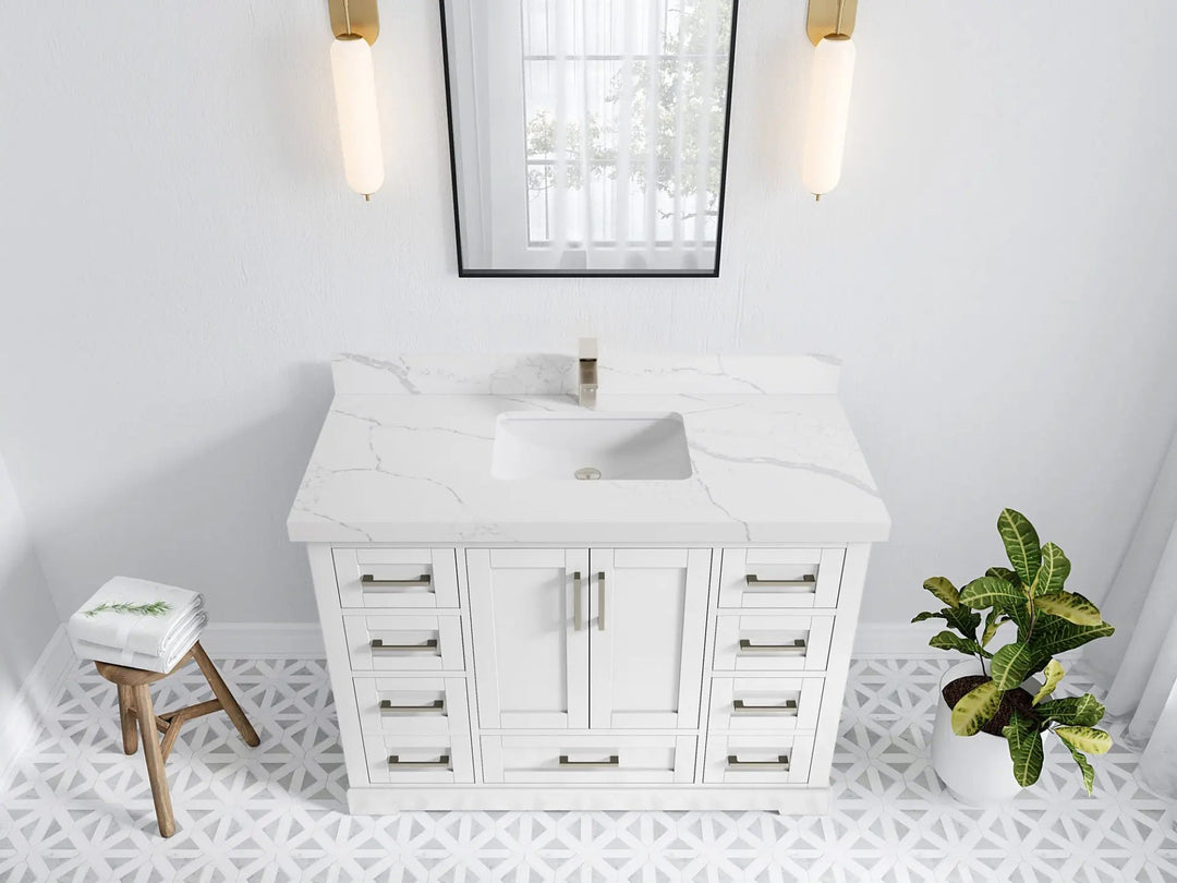 Boston 48 in. W x 22 in. D Single Sink Bathroom Vanity in White with 2 in Calacatta Laza Quartz Countertop - Top View