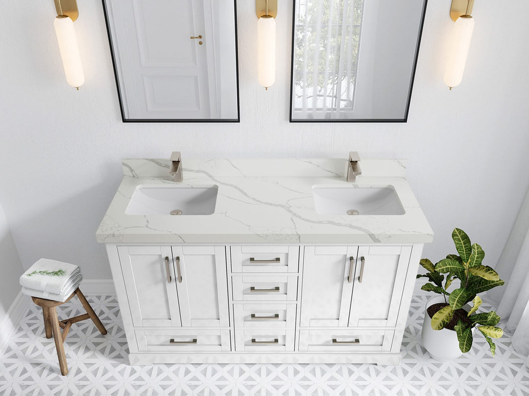 Boston 60 in. W x 22 in. D Double Sink Bathroom Vanity in White with 2 in Calacatta Laza Quartz Countertop - Top View