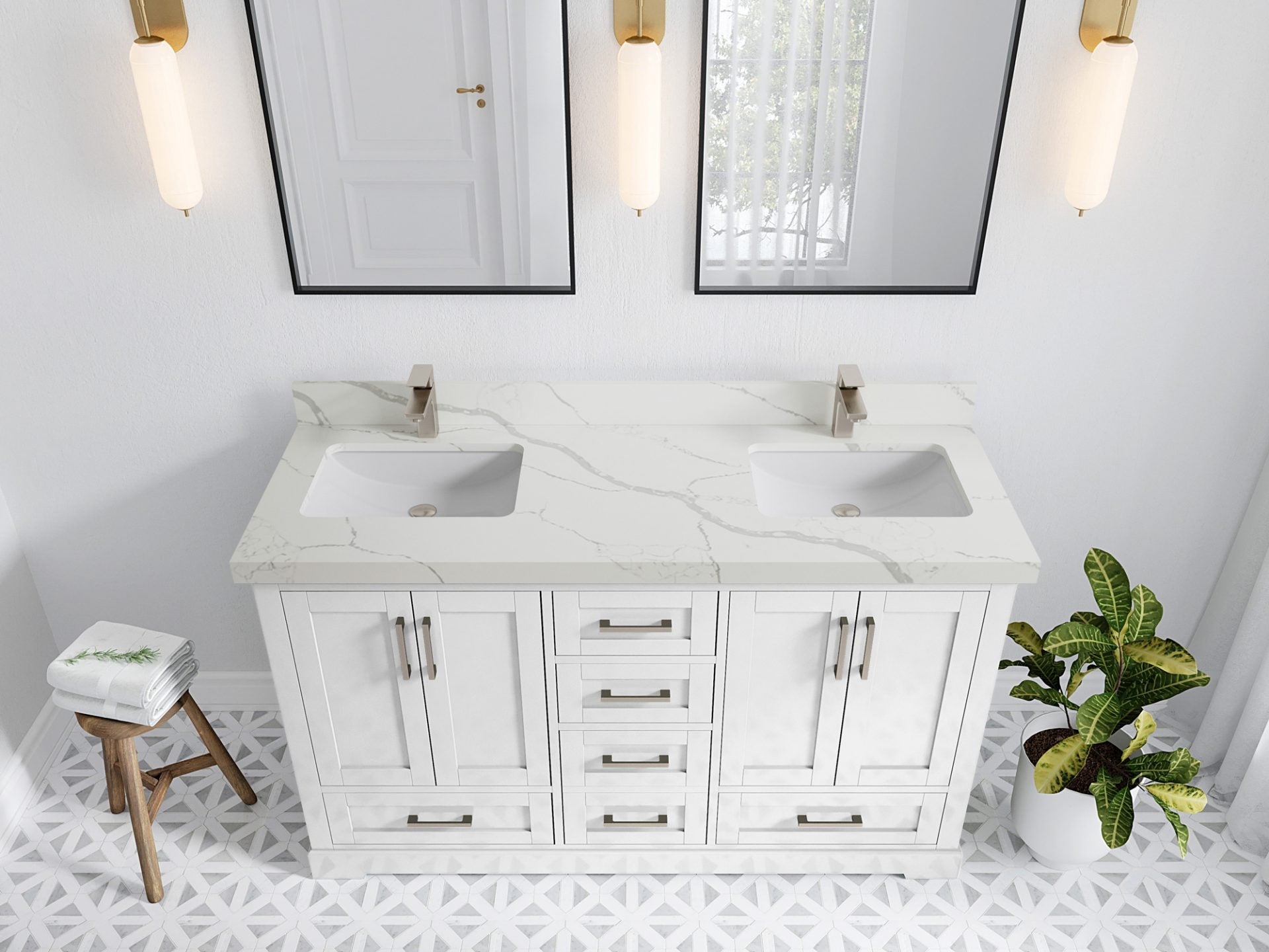 Boston 60 in. W x 22 in. D Double Sink Bathroom Vanity in White with 2 in Calacatta Laza Quartz Countertop - Top View