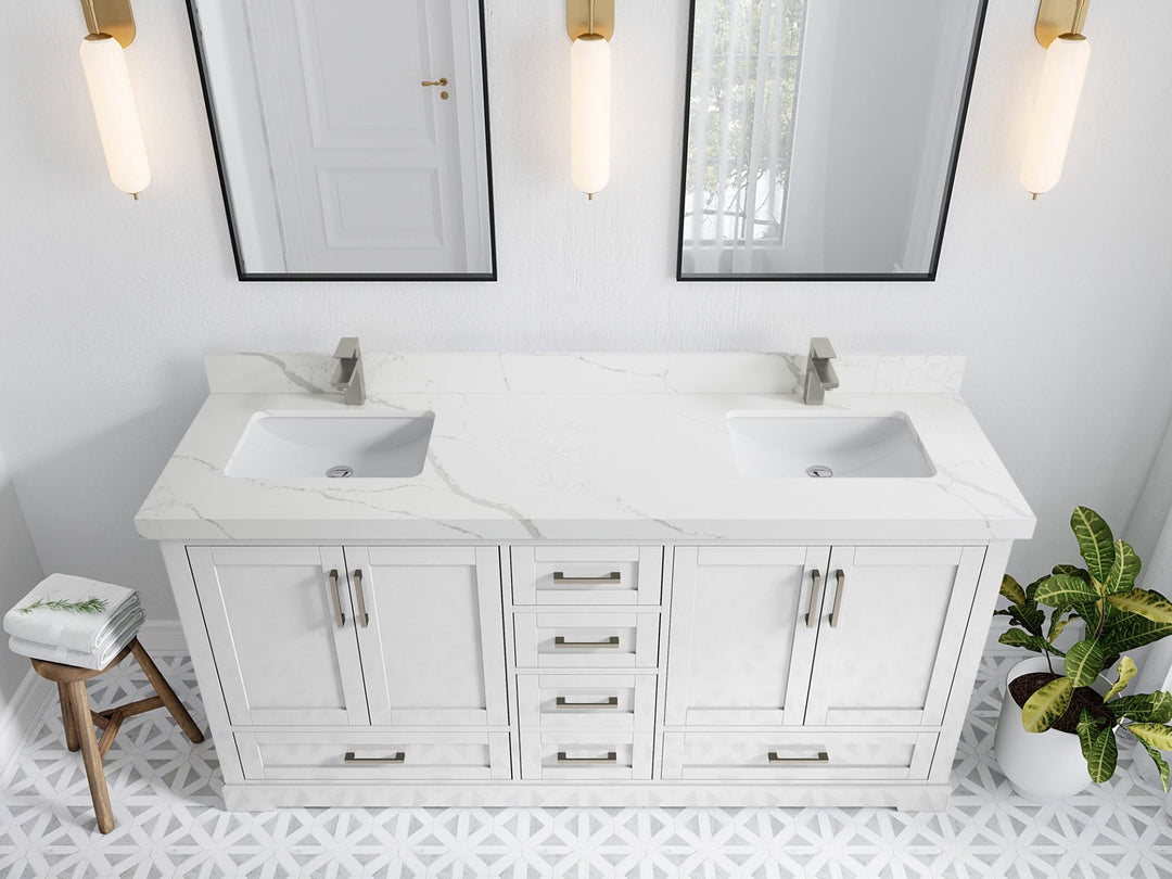 Boston 72 in. W x 22 in. D Double Sink Bathroom Vanity in White with 2 in Calacatta Laza Quartz Countertop - Top View