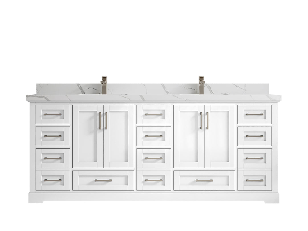 Boston 84 in. W x 22 in. D Double Sink Bathroom Vanity in White with 2 in Calacatta Laza Quartz Countertop
