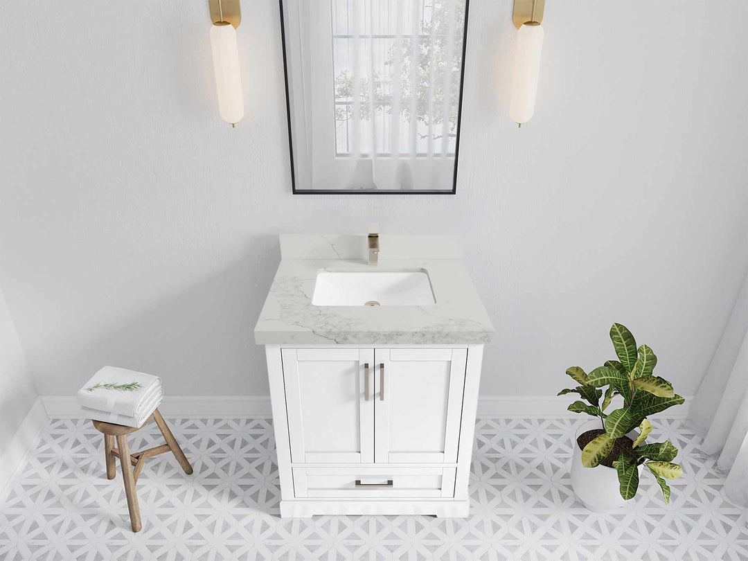 Boston 30 in. W x 22 in. D Single Sink Bathroom Vanity in White with 2 in Calacatta Nuvo Quartz Countertop - Top View