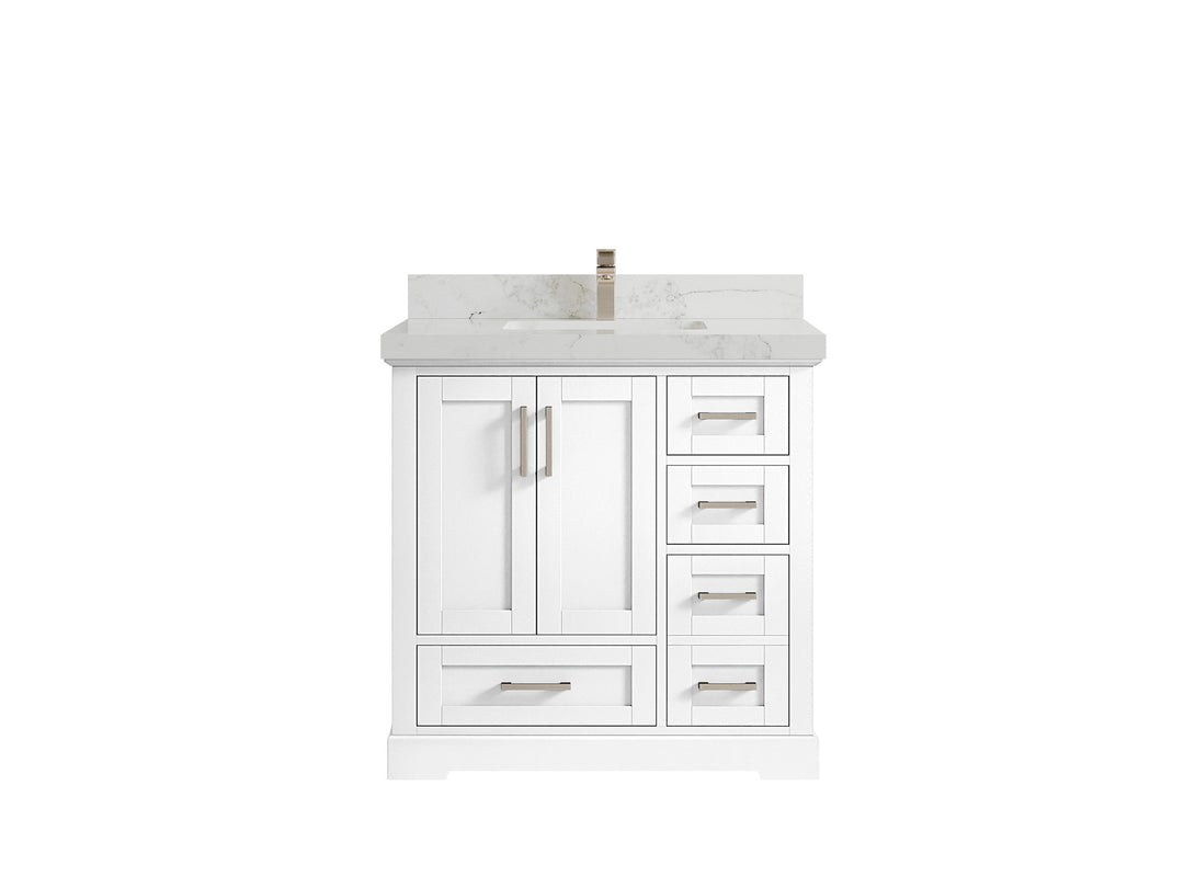 Boston 36 in. W x 22 in. D Single Sink Bathroom Vanity in White with 2 in Calacatta Nuvo Quartz Countertop