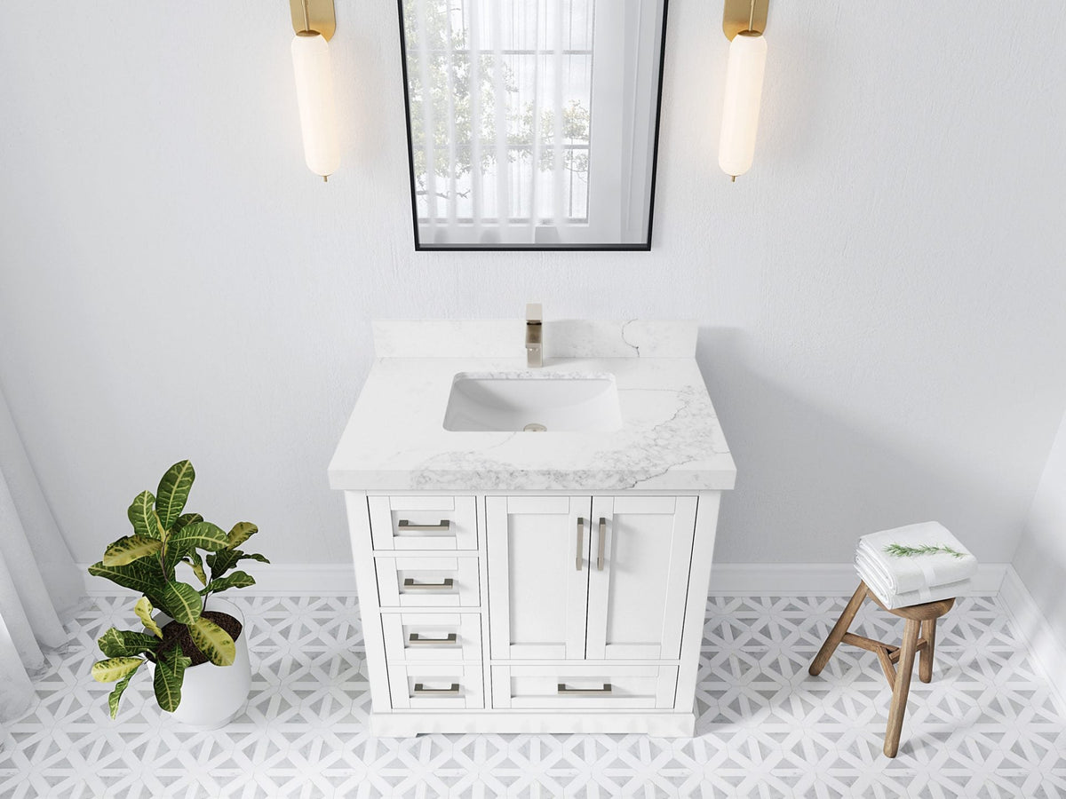 Boston 36 in. W x 22 in. D Single Sink Bathroom Vanity in White with 2 in Calacatta Nuvo Quartz Countertop - Top View