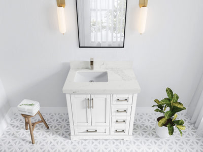 Boston 36 in. W x 22 in. D Single Sink Bathroom Vanity in White with 2 in Calacatta Nuvo Quartz Countertop - Top View