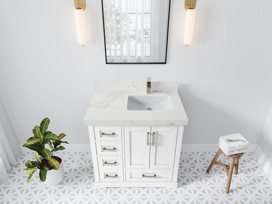 Boston 36 in. W x 22 in. D Single Sink Bathroom Vanity in White with 2 in Calacatta Nuvo Quartz Countertop - Top View