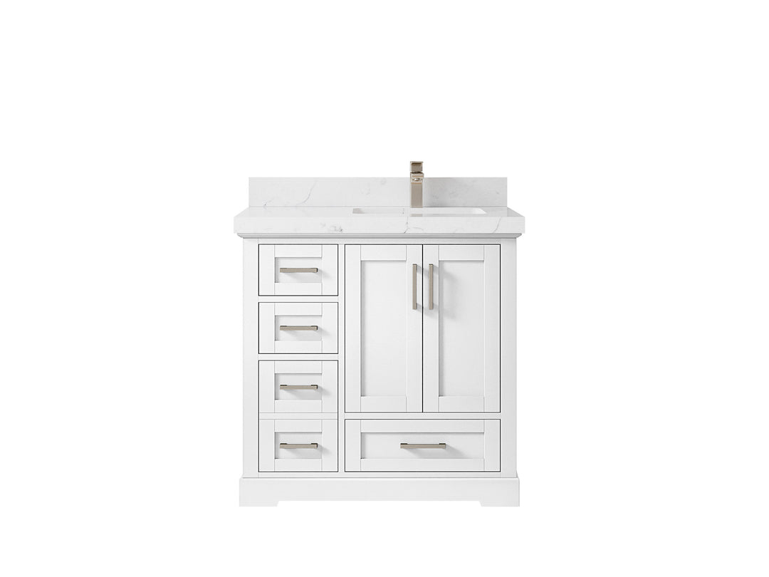 Boston 36 in. W x 22 in. D Single Sink Bathroom Vanity in White with 2 in Calacatta Nuvo Quartz Countertop