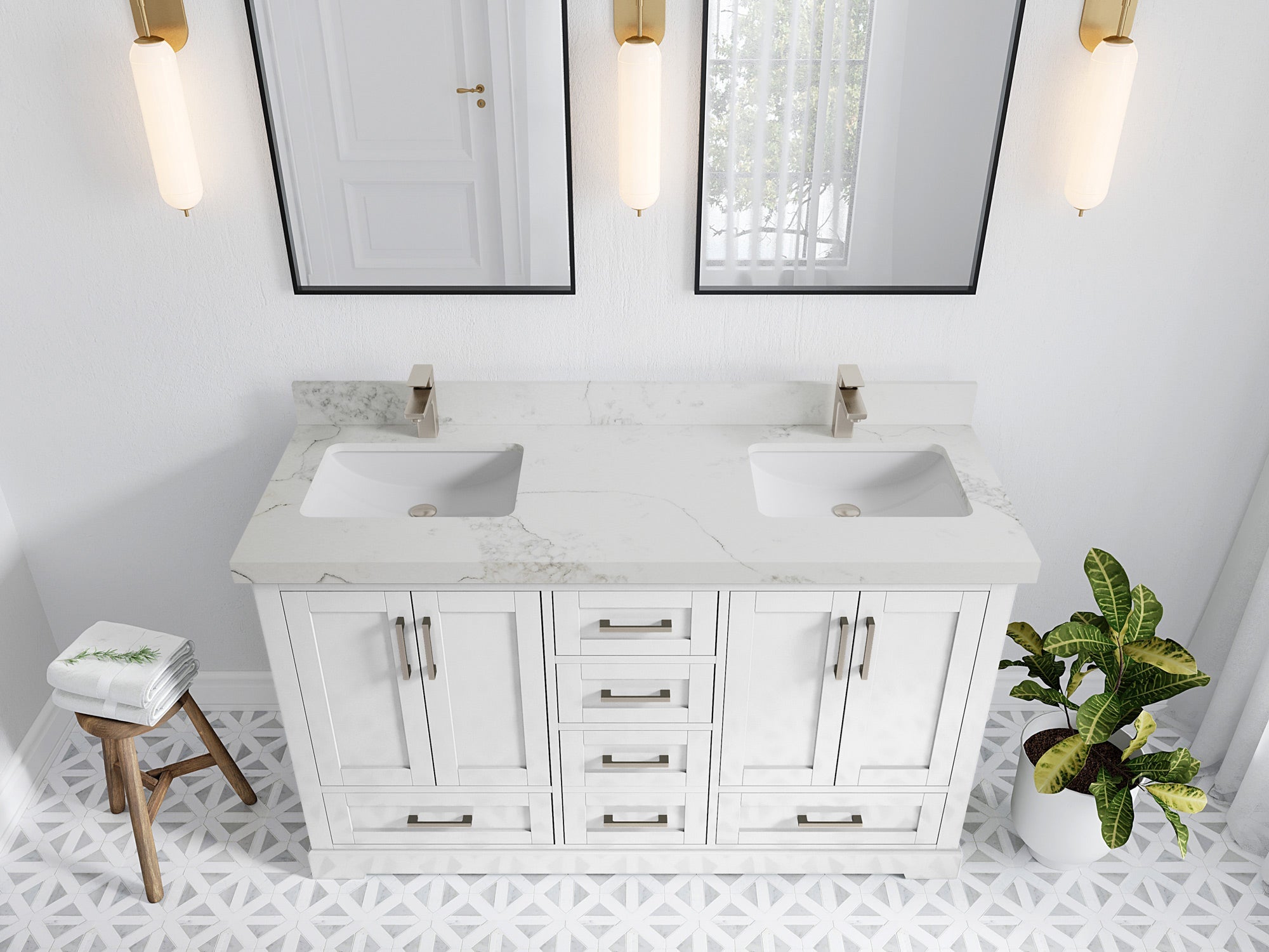 Boston 60 in. W x 22 in. D Double Sink Bathroom Vanity in White with 2 in Calacatta Nuvo Quartz Countertop - Top View