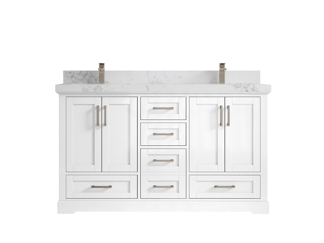 Boston 60 in. W x 22 in. D Double Sink Bathroom Vanity in White with 2 in Calacatta Nuvo Quartz Countertop