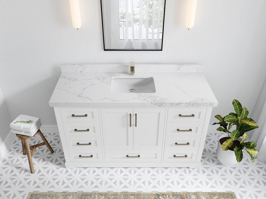 Boston 60 in. W x 22 in. D Single Sink Bathroom Vanity in White with 2 in Calacatta Nuvo Quartz Countertop - Top View