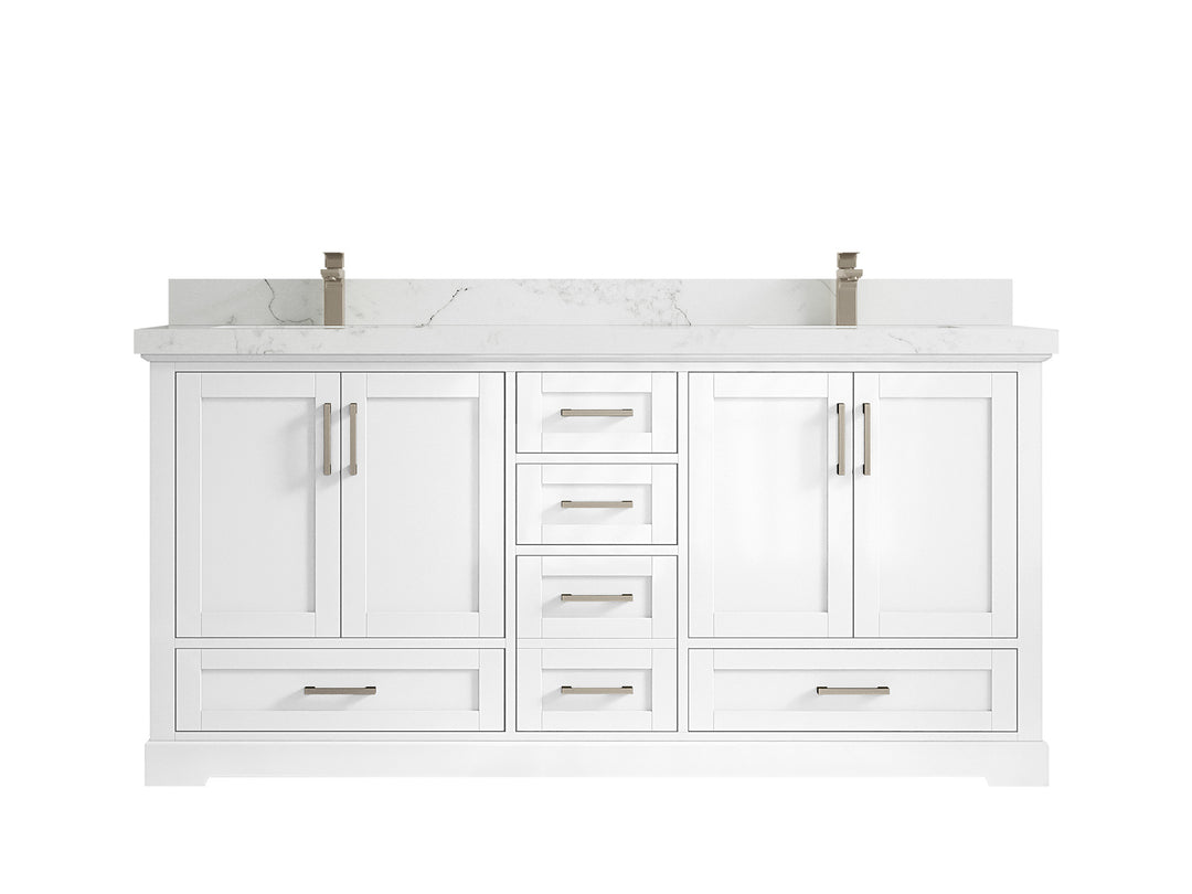 Boston 72 in. W x 22 in. D Double Sink Bathroom Vanity in White with 2 in Calacatta Nuvo Quartz Countertop