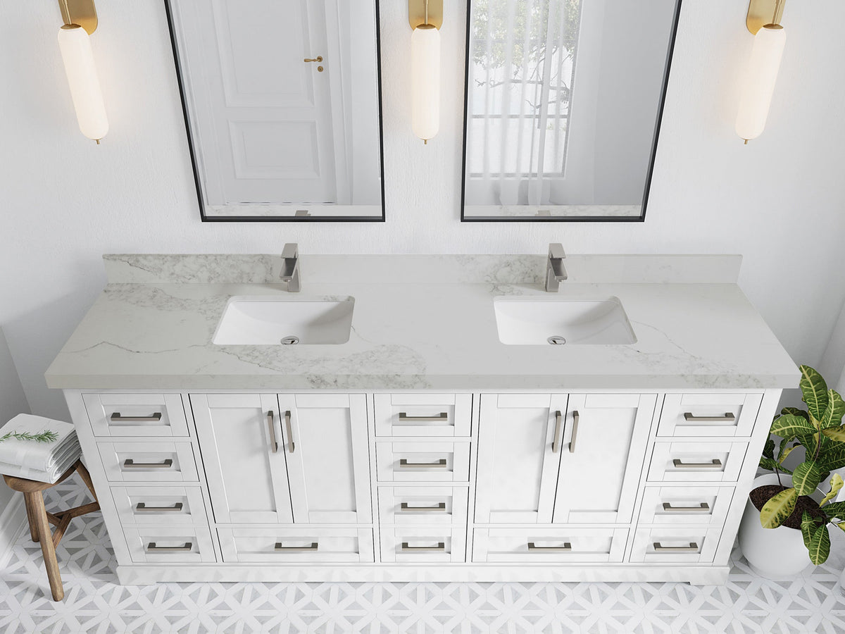 Boston 84 in. W x 22 in. D Double Sink Bathroom Vanity in White with 2 in Calacatta Nuvo Quartz Countertop - Top View