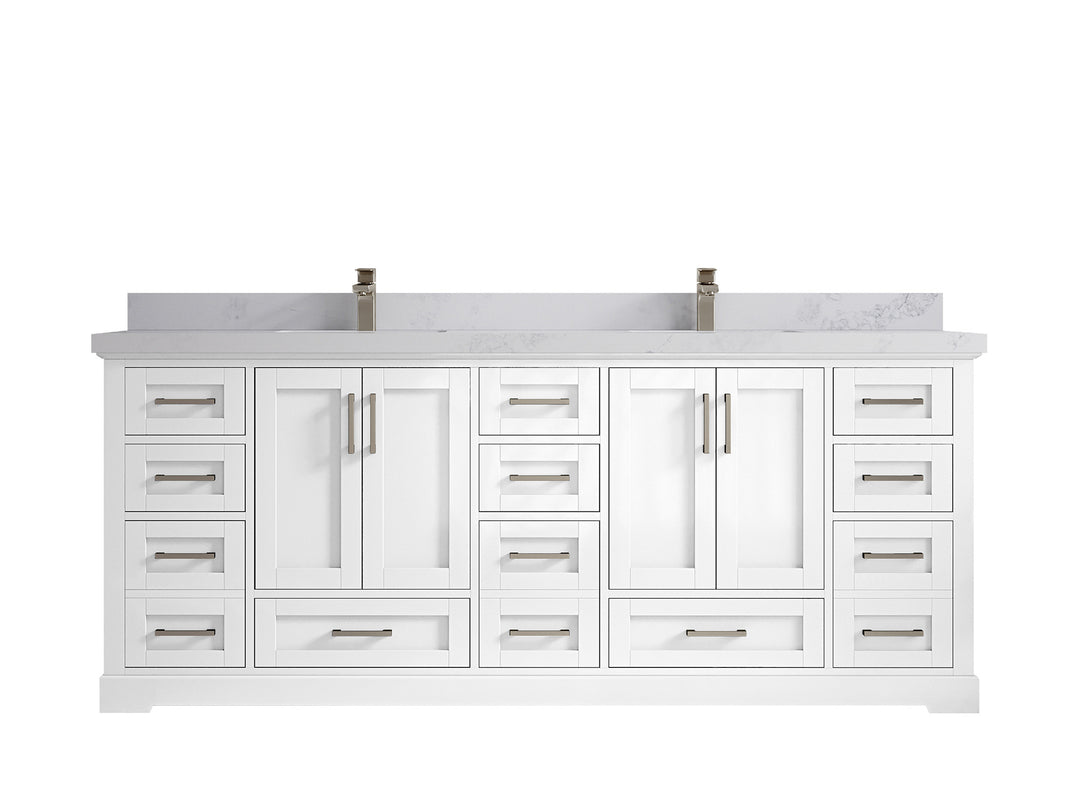 Boston 84 in. W x 22 in. D Double Sink Bathroom Vanity in White with 2 in Calacatta Nuvo Quartz Countertop