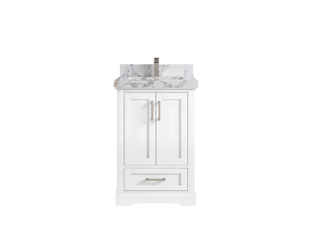 Boston 24 in. W x 22 in. D Single Sink Bathroom Vanity in White with 2 in Calacatta Poanazzo Quartz Countertop