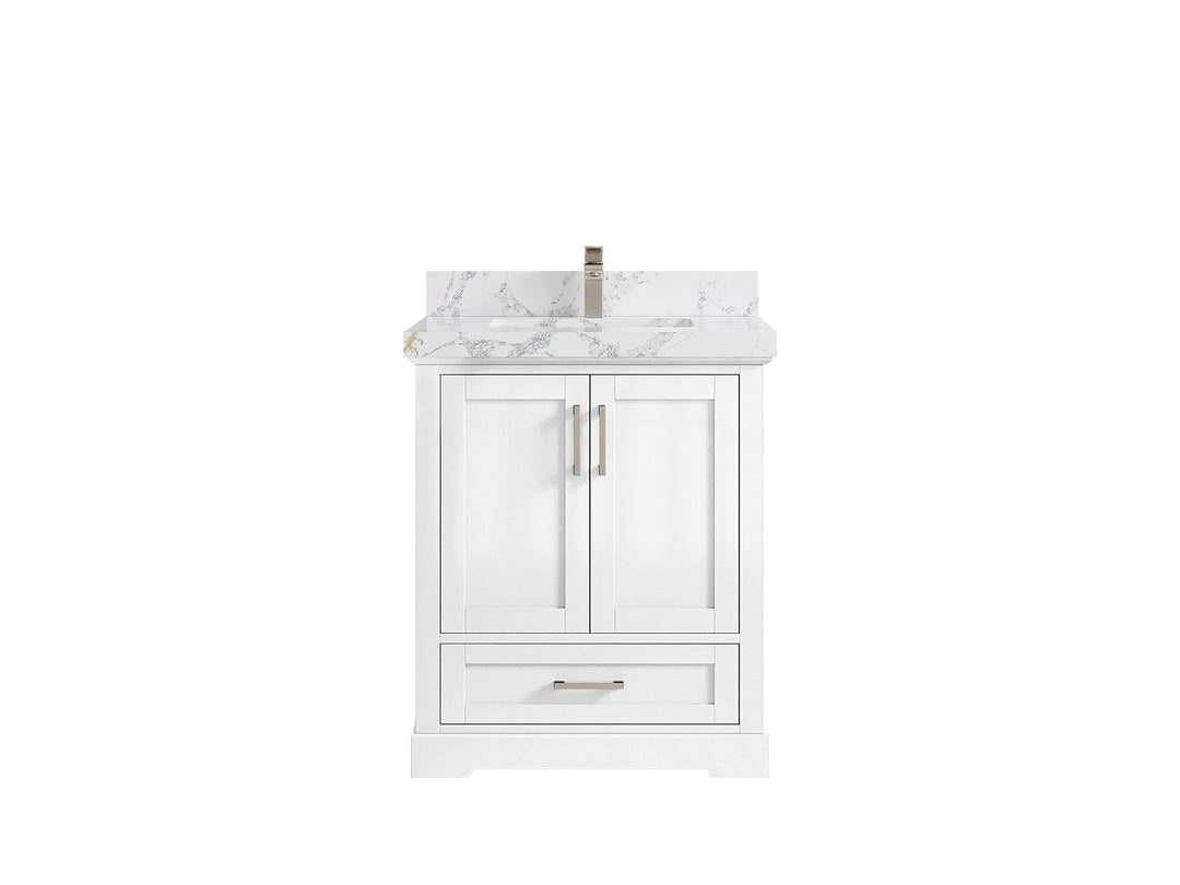 Boston 30 in. W x 22 in. D Single Sink Bathroom Vanity in White with 2 in Calacatta Poanazzo Quartz Countertop