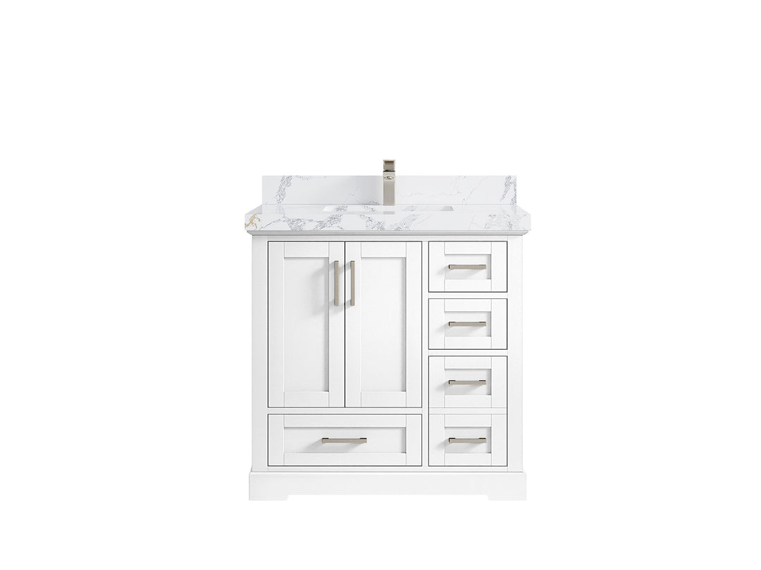 Boston 36 in. W x 22 in. D Single Sink Bathroom Vanity in White with 2 in Calacatta Poanazzo Quartz Countertop