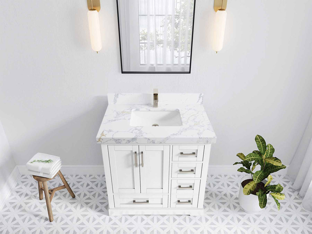 Boston 36 in. W x 22 in. D Single Sink Bathroom Vanity in White with 2 in Calacatta Poanazzo Quartz Countertop - Top View