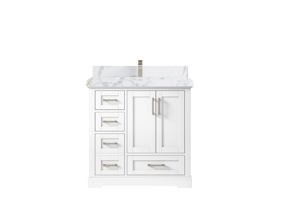 Boston 36 in. W x 22 in. D Single Sink Bathroom Vanity in White with 2 in Calacatta Poanazzo Quartz Countertop