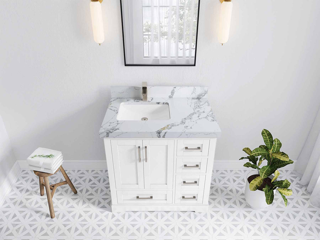 Boston 36 in. W x 22 in. D Single Sink Bathroom Vanity in White with 2 in Calacatta Poanazzo Quartz Countertop - Top View