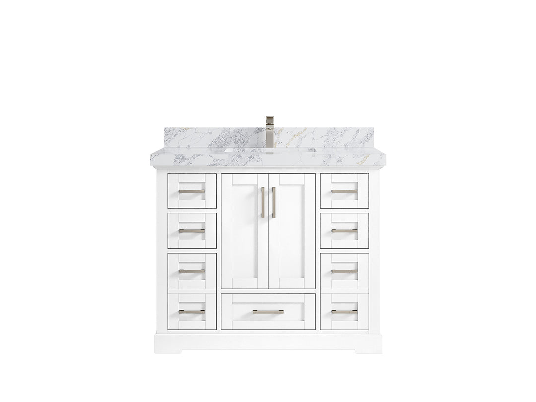 Boston 42 in. W x 22 in. D Single Sink Bathroom Vanity in White with 2 in Calacatta Poanazzo Quartz Countertop
