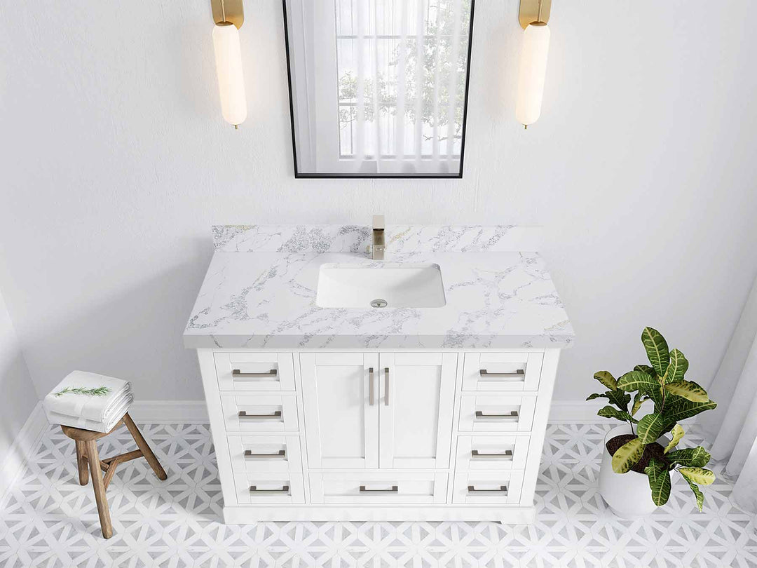 Boston 48 in. W x 22 in. D Single Sink Bathroom Vanity in White with 2 in Calacatta Poanazzo Quartz Countertop - Top View