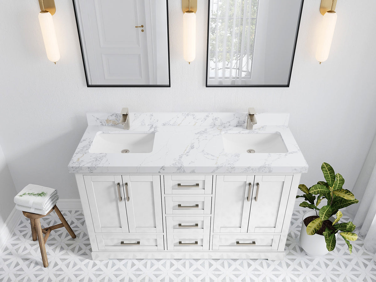 Boston 60 in. W x 22 in. D Double Sink Bathroom Vanity in White with 2 in Calacatta Poanazzo Quartz Countertop - Top View