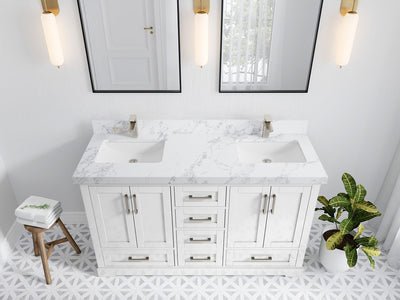 Boston 60 in. W x 22 in. D Double Sink Bathroom Vanity in White with 2 in Calacatta Poanazzo Quartz Countertop - Top View