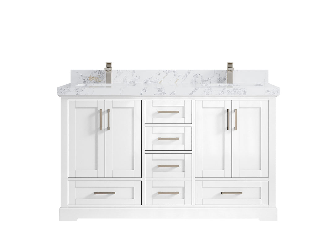 Boston 60 in. W x 22 in. D Double Sink Bathroom Vanity in White with 2 in Calacatta Poanazzo Quartz Countertop