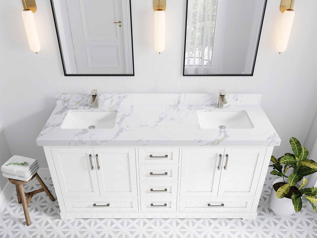 Boston 72 in. W x 22 in. D Double Sink Bathroom Vanity in White with 2 in Calacatta Poanazzo Quartz Countertop - Top View