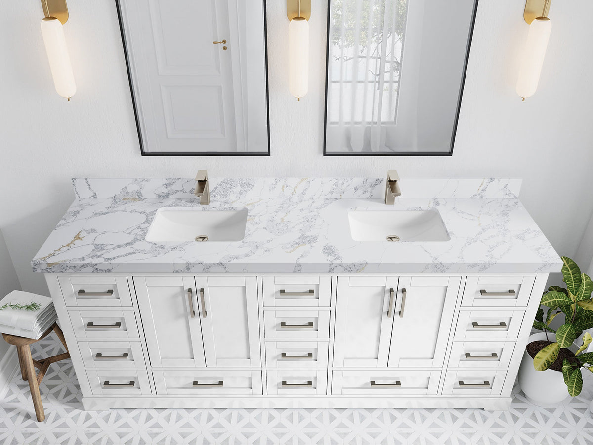 Boston 84 in. W x 22 in. D Double Sink Bathroom Vanity in White with 2 in Calacatta Poanazzo Quartz Countertop - Top View