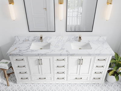 Boston 84 in. W x 22 in. D Double Sink Bathroom Vanity in White with 2 in Calacatta Poanazzo Quartz Countertop - Top View