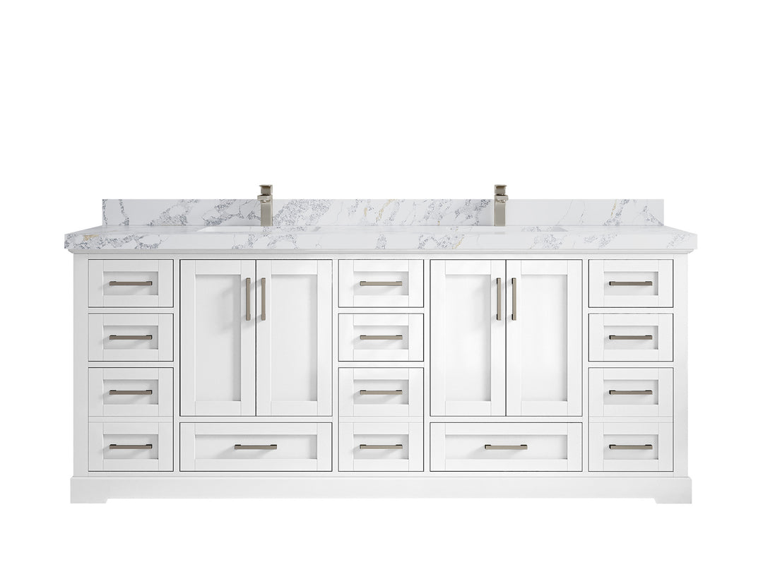 Boston 84 in. W x 22 in. D Double Sink Bathroom Vanity in White with 2 in Calacatta Poanazzo Quartz Countertop