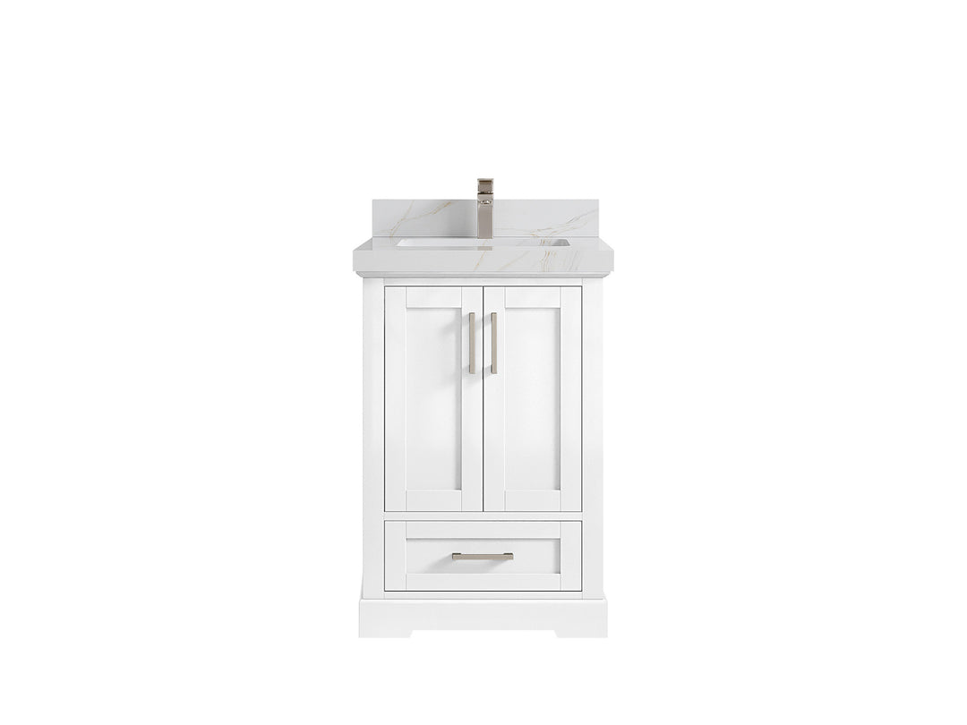 Boston 24 in. W x 22 in. D Single Sink Bathroom Vanity in White with 2 in Calacatta Sienna Quartz Countertop