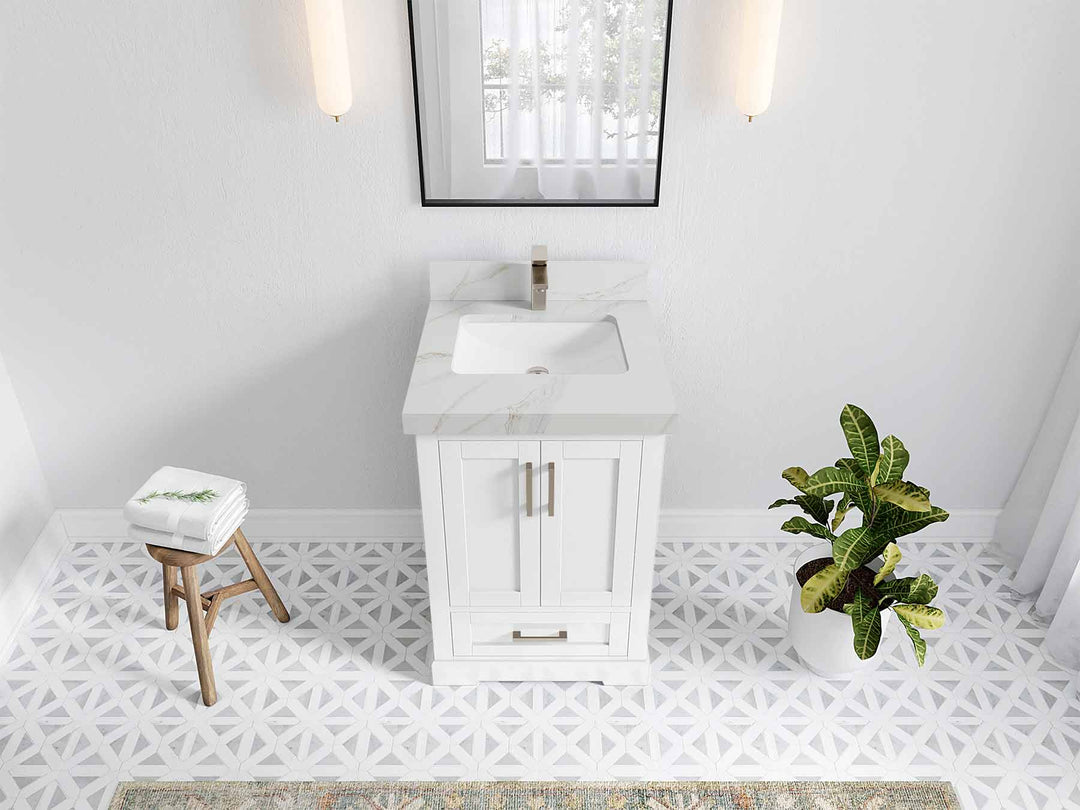 Boston 24 in. W x 22 in. D Single Sink Bathroom Vanity in White with 2 in Calacatta Sienna Quartz Countertop - Top View